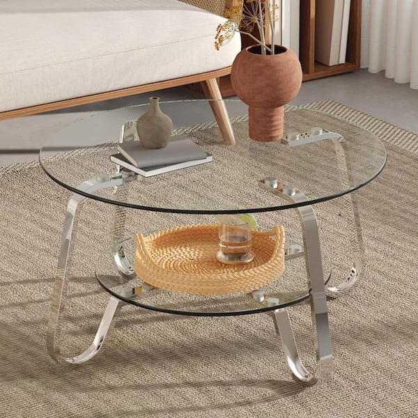 31.5 in. Round Clear Tempered Glass Coffee Table-Double Storage Space and Silver Metal Legs for Living Room