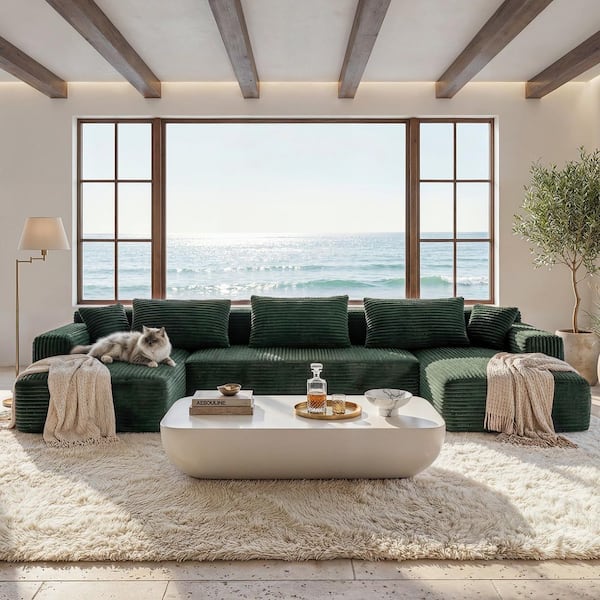 134 in. Square Arm 3-Pieces Corduroy Upholstered U-Shaped with 5 Pillows Modern Modular Sectional Sofa in Green