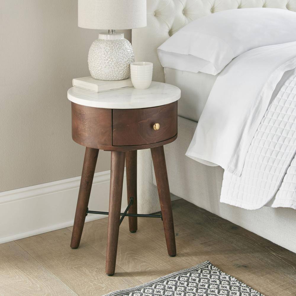 Bangalore 16" Brown Wood and White Marble Round End Table with Storage