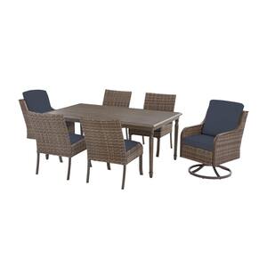 Windsor 7-Piece Brown Wicker Rectangular Outdoor Dining Set with CushionGuard Sky Blue Cushions