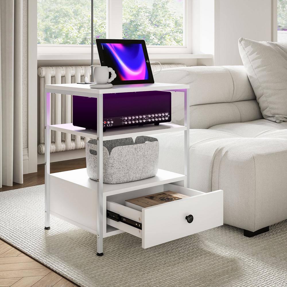 White Particleboard End Tables with Charging Stations and LED Lights
