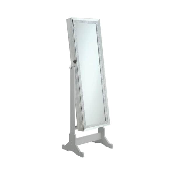 Benjara Silver 20 in. W x 57 in. H Rectangle Wood Captivating Jewelry Cheval Mirror with Interior Storage