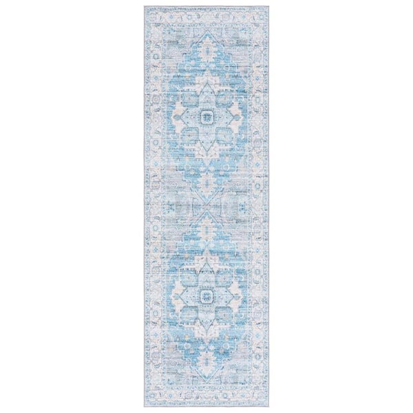 SAFAVIEH Arizona Gray/Turquoise 3 ft. x 8 ft. Distressed Border Ornate Machine Washable Runner Rug