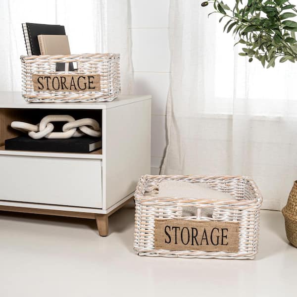 Reed Southwestern Hand-Woven Rattan Nesting Baskets with Handles, White Wash/Kubu Gray (Set of 2)
