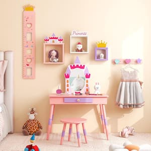 3-Pcs Kids Makeup Vanity Set Room Furniture Table Dressing Mirror Storage Bench Seat