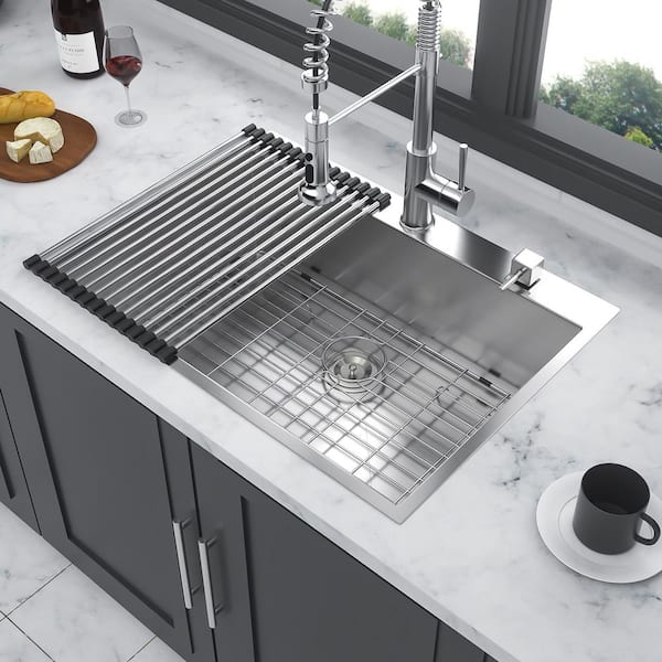 Timussi 28 in. Drop-in Single Bowl 18-Gauge Brushed Nickel Stainless Steel Kitchen Sink with Bottom Grids