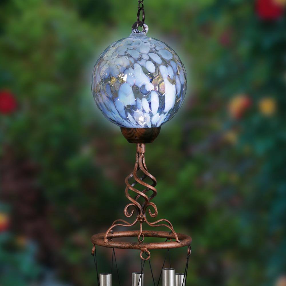 Light Blue Solar Pearlized Honeycomb Glass Wind Chime with Metal Finial