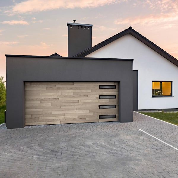 Modern Steel 16 ft x 7 ft Insulated 18.4 R-Value Wood Look Plank Coastal Gray Garage Door without Windows