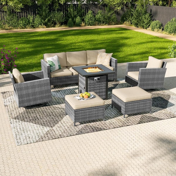 6-Pieces Patio Conversation Set with Square Fire Pit Table and Swivel Rocking Chairs, Gray Wicker Beige Cushion