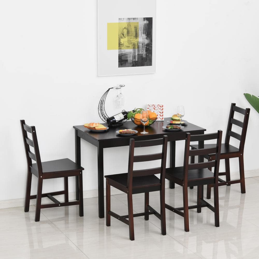 Brown Solid Pine Wood Dining Set with 4 High Back Chairs