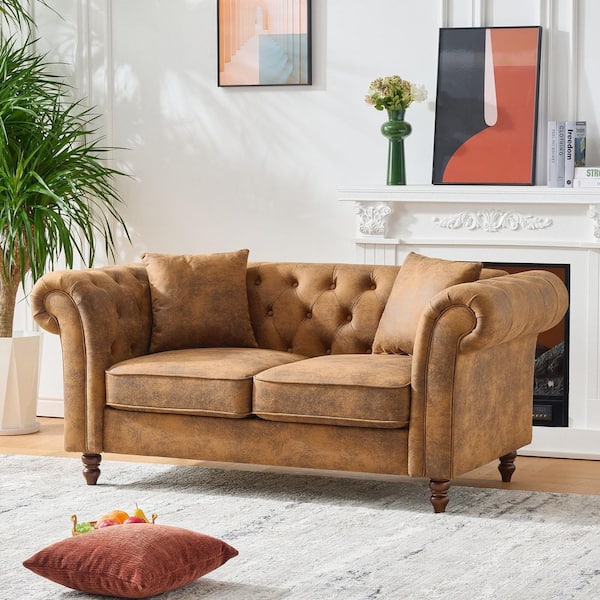 Seeds 66 in. Rolled Arm Fabric Rectangle Sofa in. Brown with Nailhead Trim, Pillows