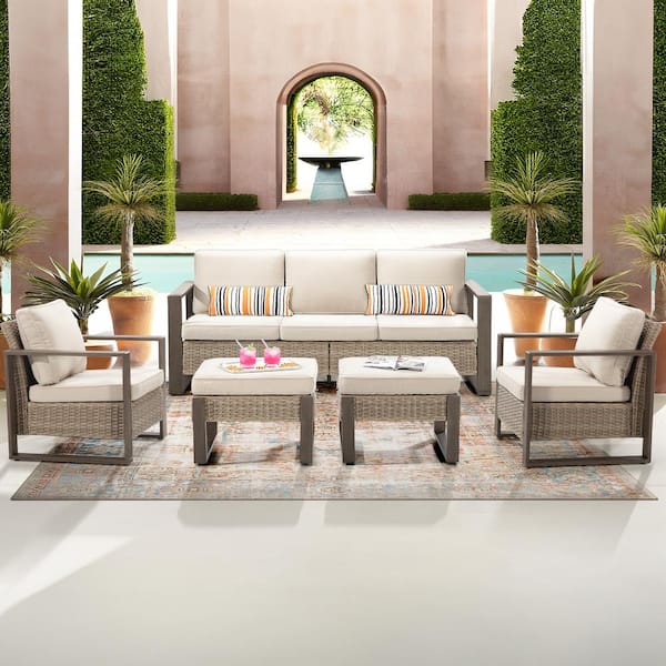 5-Piece Patio Wicker Outdoor Conversation Sectional Set with Steel Frame and Beige Cushions