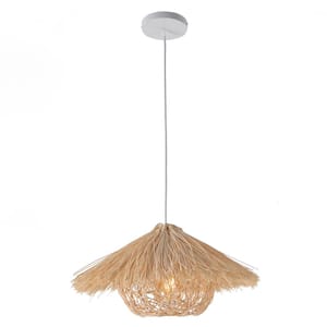 60-Watt 1-Light Wood Color Bohemian Rustic Pendant Light with Hand-Woven Shade and Adjustable Height, No Bulbs Included