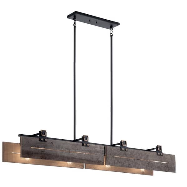 KICHLER Ridgewood 59 in. 8-Light Textured Black and Reclaimed Wood Farmhouse Island Linear Chandelier for Kitchen