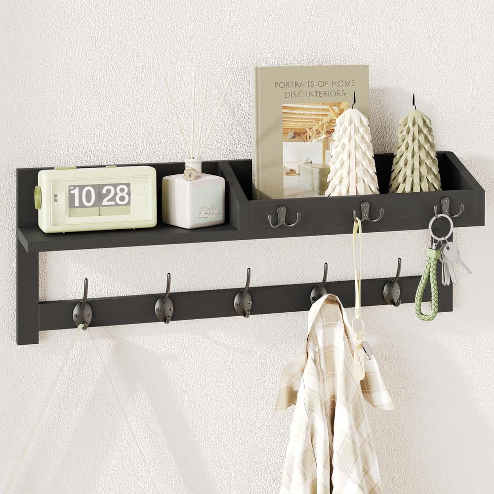26.57 in. Entryway Wood Coat Hooks with 5 Dual Hooks, Wall Mount Coat Rack for Home, Black