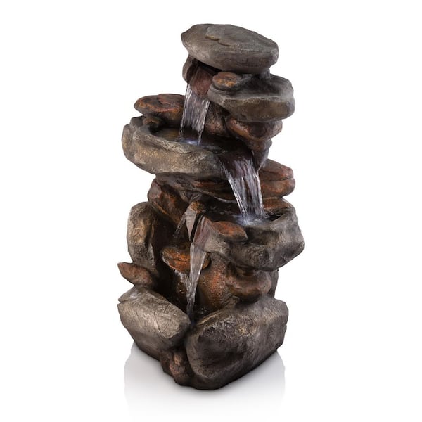 40 in. Tall 4-Tier Outdoor Rock Fountain with LED Lights in Gray Stone Look