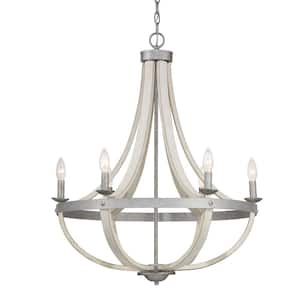 Keowee 26 in. 6-Light Galvanized Farmhouse Cage Chandelier with Antique White Wood Accents