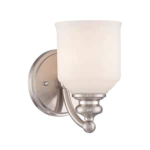 Melrose 5 in. W x 7.75 in. H 1-Light Satin Nickel Wall Sconce with White Opal Etched Glass Shade