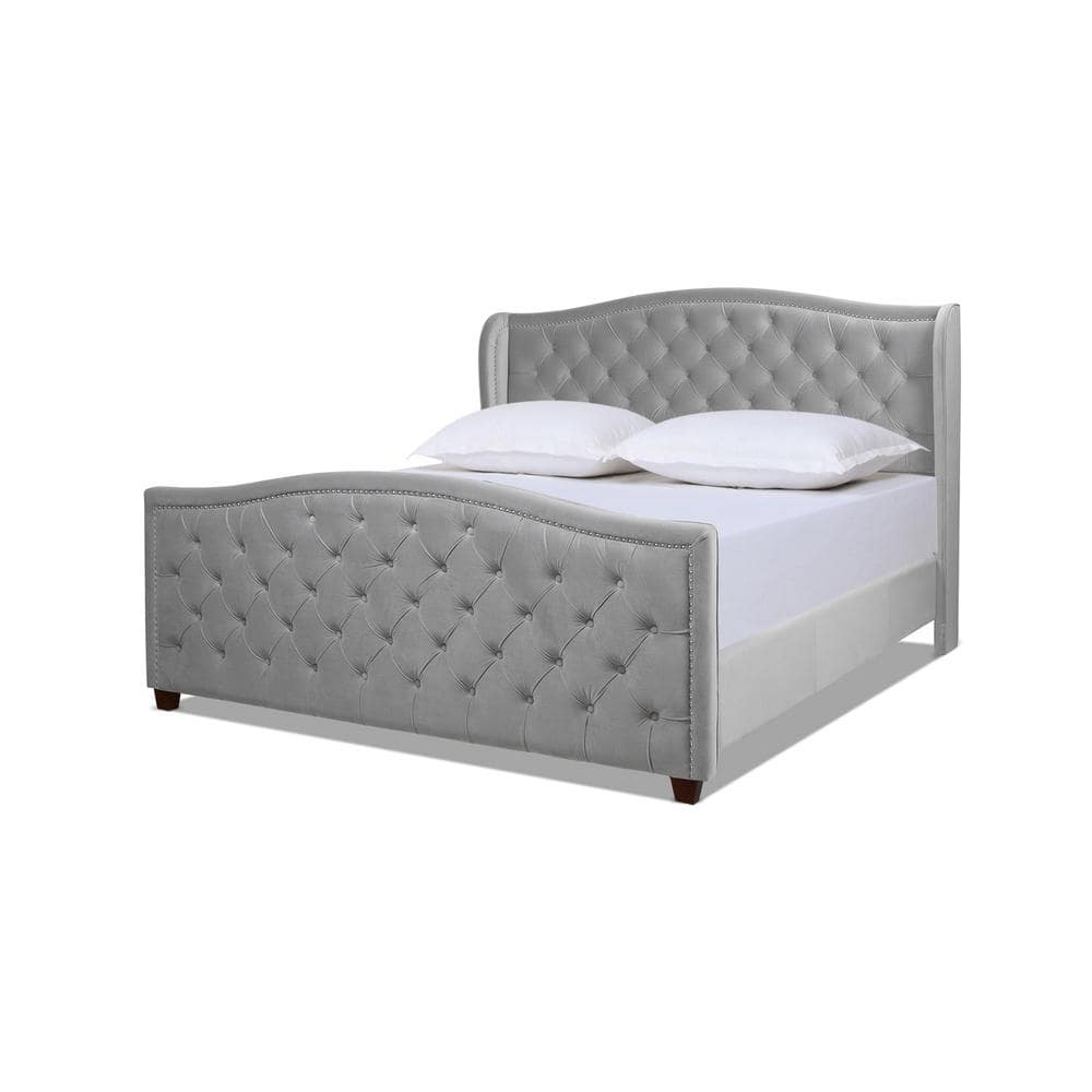 Jennifer Taylor Marcella Opal Gray Velvet Upholstered Bed Frame King Panel Bed with Wingback