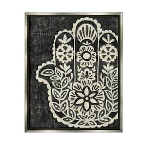 Floral Pattern Black and White Hamsa by Chariklia Zarris Floater Frame Nature Wall Art Print 21 in. x 17 in.
