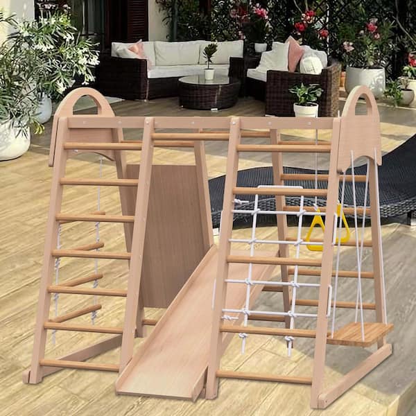 Brown 7-in-1 Indoor Freestanding Playground with Slide, Climbing