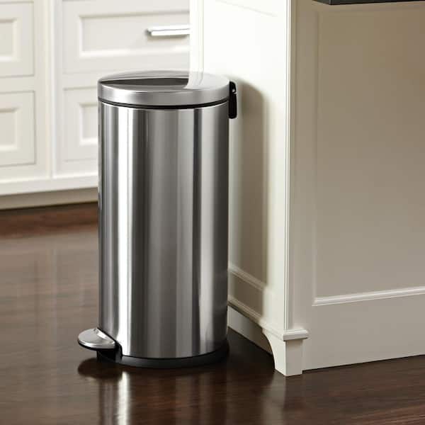 30L Round Step Kitchen Trash Can, Brushed Stainless Steel with Soft-Close Lid