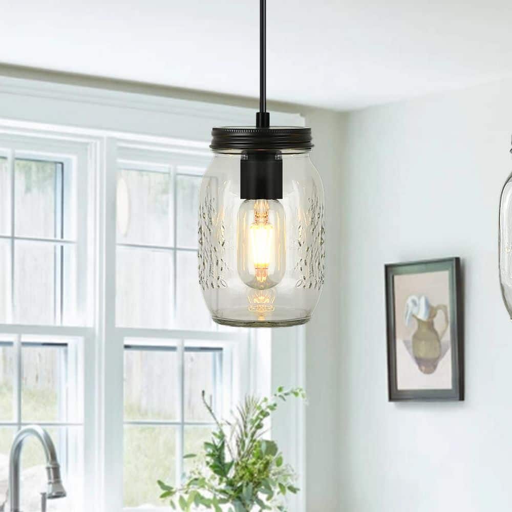 1-Light Black Farmhouse Mason Jar Pendant Light with Glass Shade, Adjustable Height for Kitchen Island, Dining Room price history on PriceWatchPro