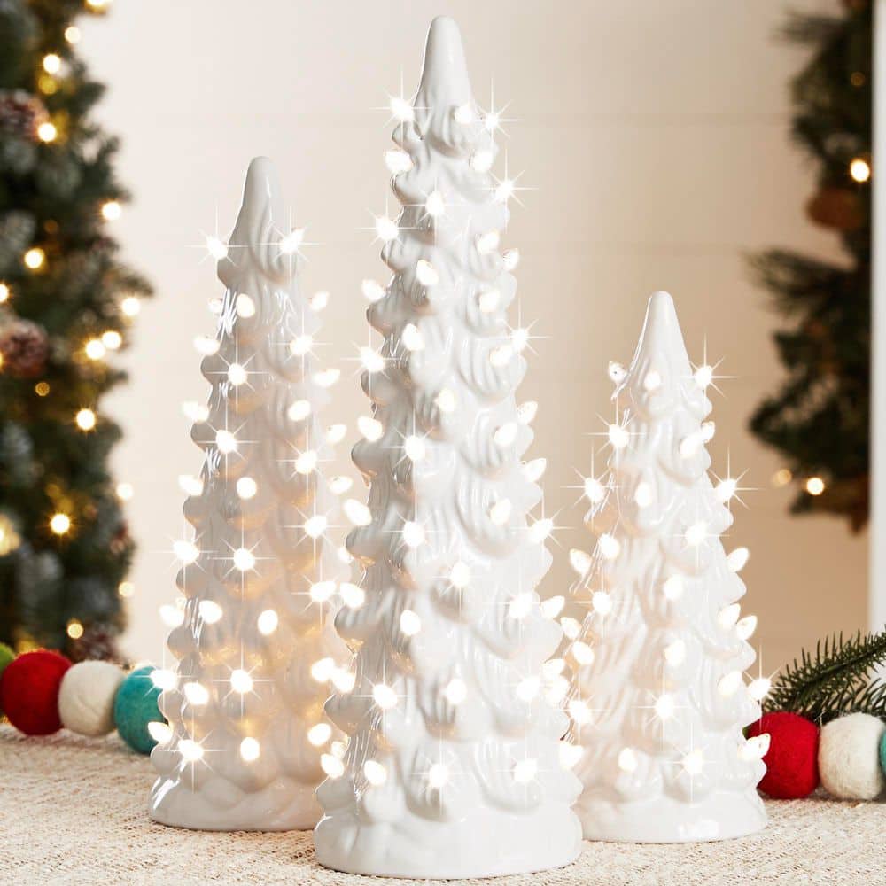 Set of 3 White Pre-Lit LED Ceramic Artificial Christmas Trees with 18 Warm White Lights price history on PriceWatchPro
