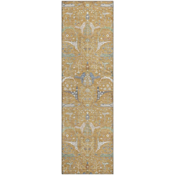 Mayfield Premium Machine Washable Abstract AMF2250 Gold 2 ft. x 7 ft. Runner Rug