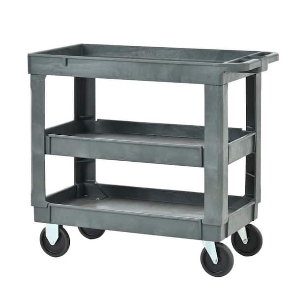 3-Tier 600 lbs. Capacity Plastic Heavy-Duty Utility Cart in Dark Gray with Locking Wheels and Handle