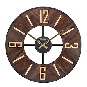 The Boardroom oversized 27 in. wall clock, walnut veneer gloss finish and raised numbers and hour markers