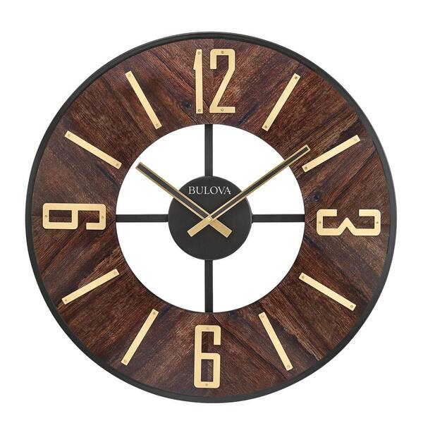 Bulova The Boardroom oversized 27 in. wall clock, walnut veneer gloss finish and raised numbers and hour markers