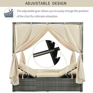 6-Seat Adjustable Back Wicker Outdoor Day Bed with Curtain and Beige Cushions