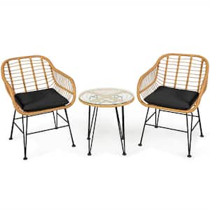 3-Piece Wicker Rattan Patio Conversation Set with Black Cushions and Tempered Glass Table Top