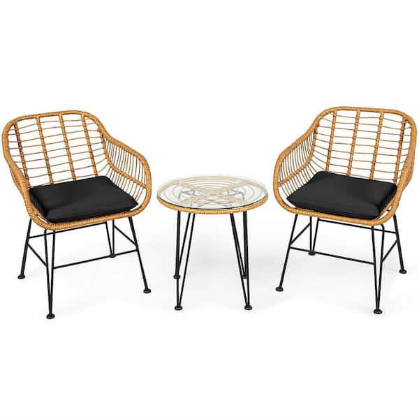 ANGELES HOME 3-Piece Wicker Rattan Patio Conversation Set with Black Cushions and Tempered Glass Table Top