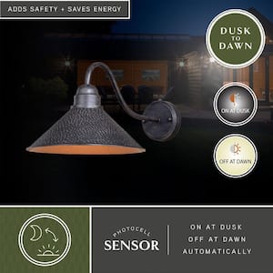 Outland 1-Light Dusk to Dawn Black Gold Farmhouse Barn Dome Outdoor Wall Lantern Sconce