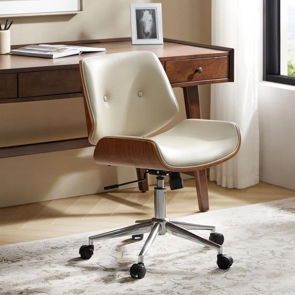 Ziv Faux Leather Ergonomic Adjustable Height Armless Tilting Swivel Office Chair in Ivory with Wheels