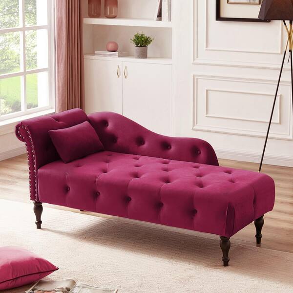 Burgundy Wood Velvet Chaise Lounge Buttons Tufted Nail head