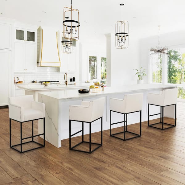 LUE BONA Luna 30 in. Beige Fabric Upholstered Counter Bar Stool with Black Metal Frame Square Counter Stool Set of 4