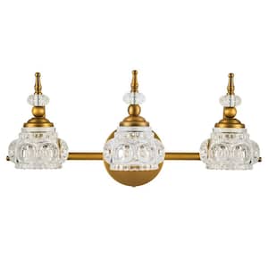 19.7 in. 3-Light Gold Vintage Vanity Light with Flower Crystal Glass Shades, Brass