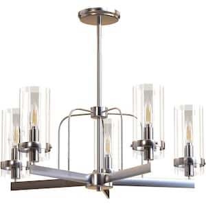 5-Light Satin Nickel Adjustable Height Dimmable E12 Candelabra Base Chandelier with Clear Cylinder Glass Shades