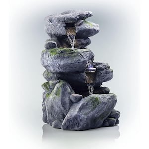 22 in. Glass Fiber Polygen High Outdoor 3-Layer Rock Waterfall Fountain-Gray/Beige Color