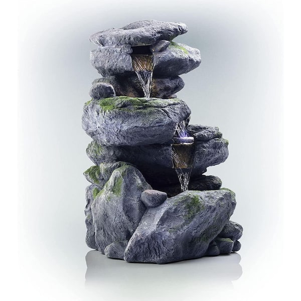 Unbranded 22 in. Glass Fiber Polygen High Outdoor 3-Layer Rock Waterfall Fountain-Gray/Beige Color