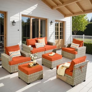 Kelleys 7-Piece Wicker Modern Outdoor Patio Conversation Sofa Seating Set with Orange Red Cushions