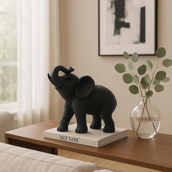 Black 7 in. x 7 in. Resin Elephant Table Accent Figurine