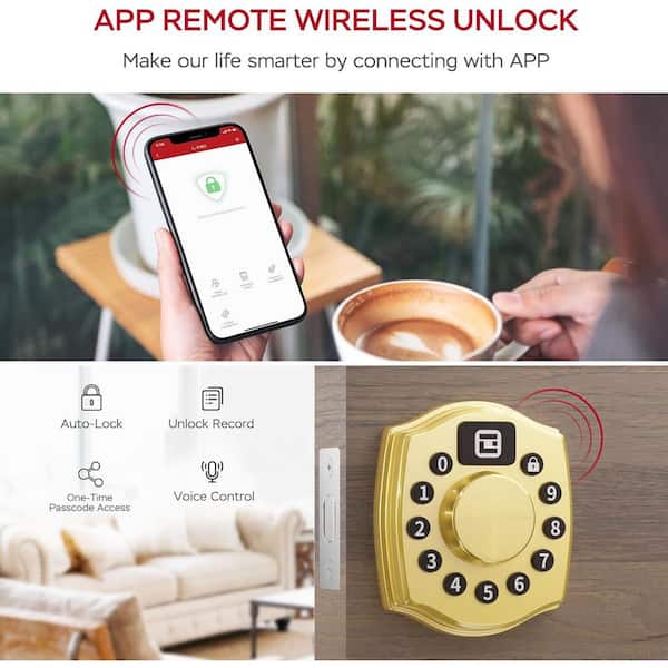 4 in 1 Aluminum Smart Lock Deadbolt with App Biometric, Keyless Entry Door Lock with Keypad, IP65, in Gold