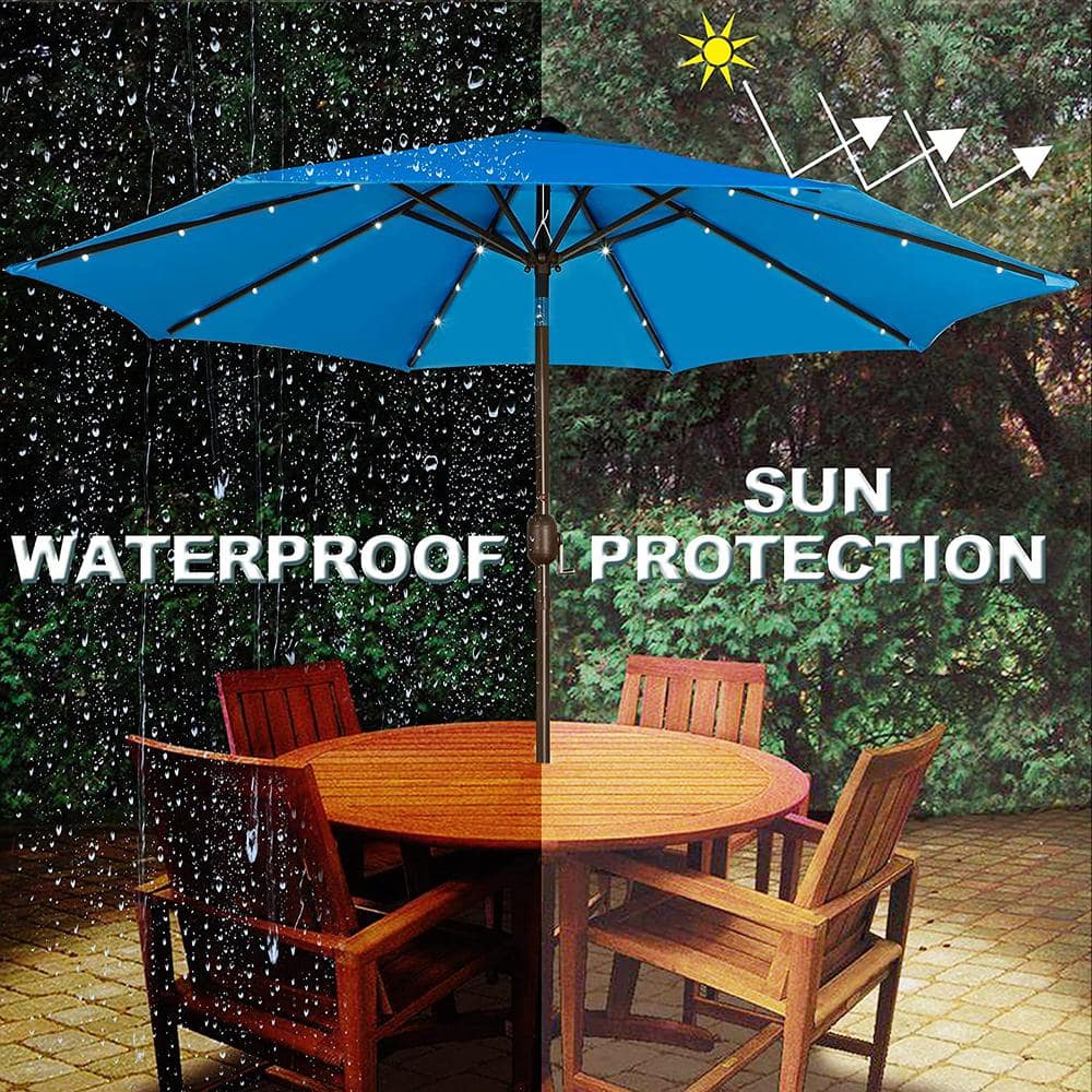 Light Blue 9 ft LED Lighted Market Beach Umbrella with Black Aluminum Pole