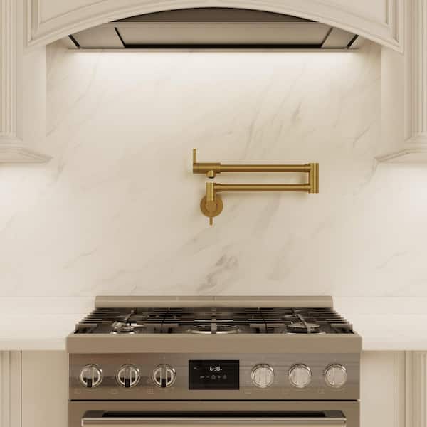 2-Handle Wall Mounted 26.4 in. Extended Reach Pot Filler with Swing Arms in Brushed Gold
