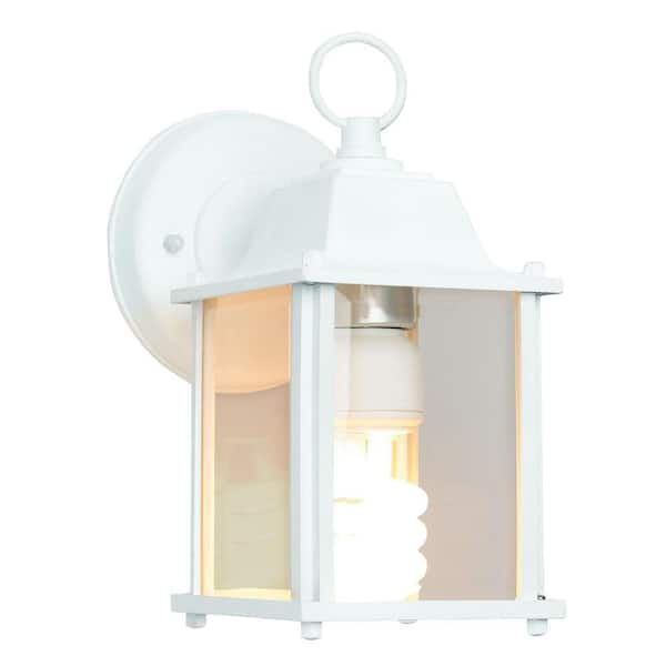 Newport Coastal 13-Watt White CFL Square Wall Lantern Sconce with Bulb