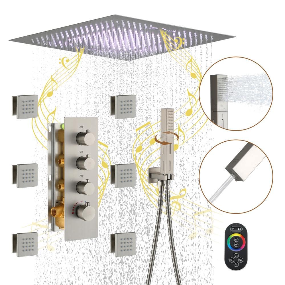 Brushed Nickel Square LED Rain Shower System with Handheld and Bluetooth Speaker